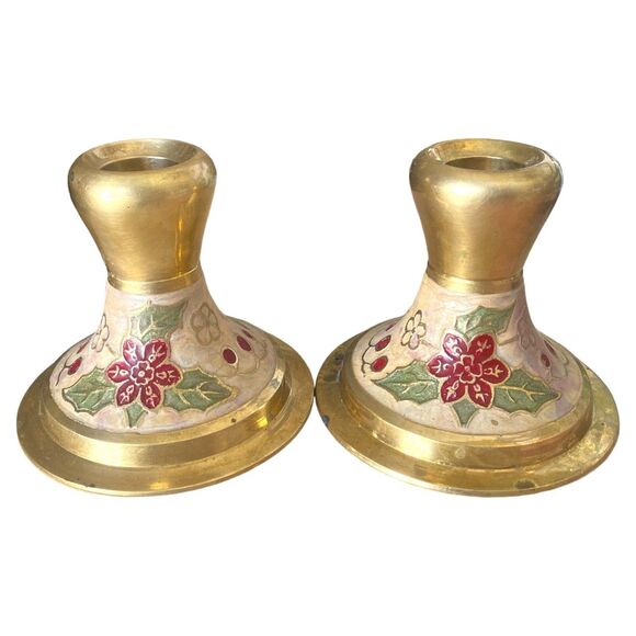 Vintage India Brass Cloisonné Enamel Holiday Poinsettia Set Candle Holders - Picture 3 of 7